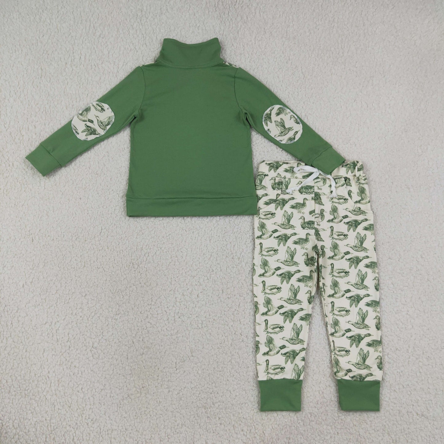 BLP1449 RTS NO MOQ （In stock） milk silk Baby Boys Duck Hunting Print Long Sleeve Zip Pullover Top With Side Pockets Jogger Pants Set