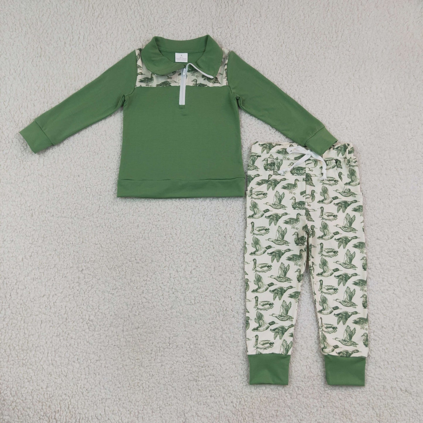 BLP1449 RTS NO MOQ （In stock） milk silk Baby Boys Duck Hunting Print Long Sleeve Zip Pullover Top With Side Pockets Jogger Pants Set