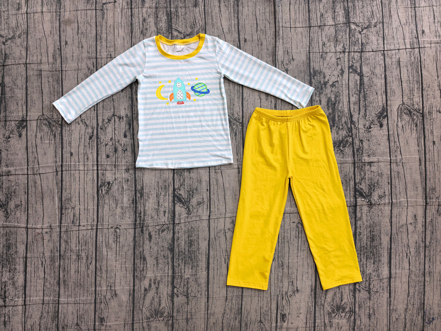 6.11 BLP1455 Sample No Moq Embroidery Baby Boys Blue Stripe With Rocket Moon Embroidery Top Pant Sets