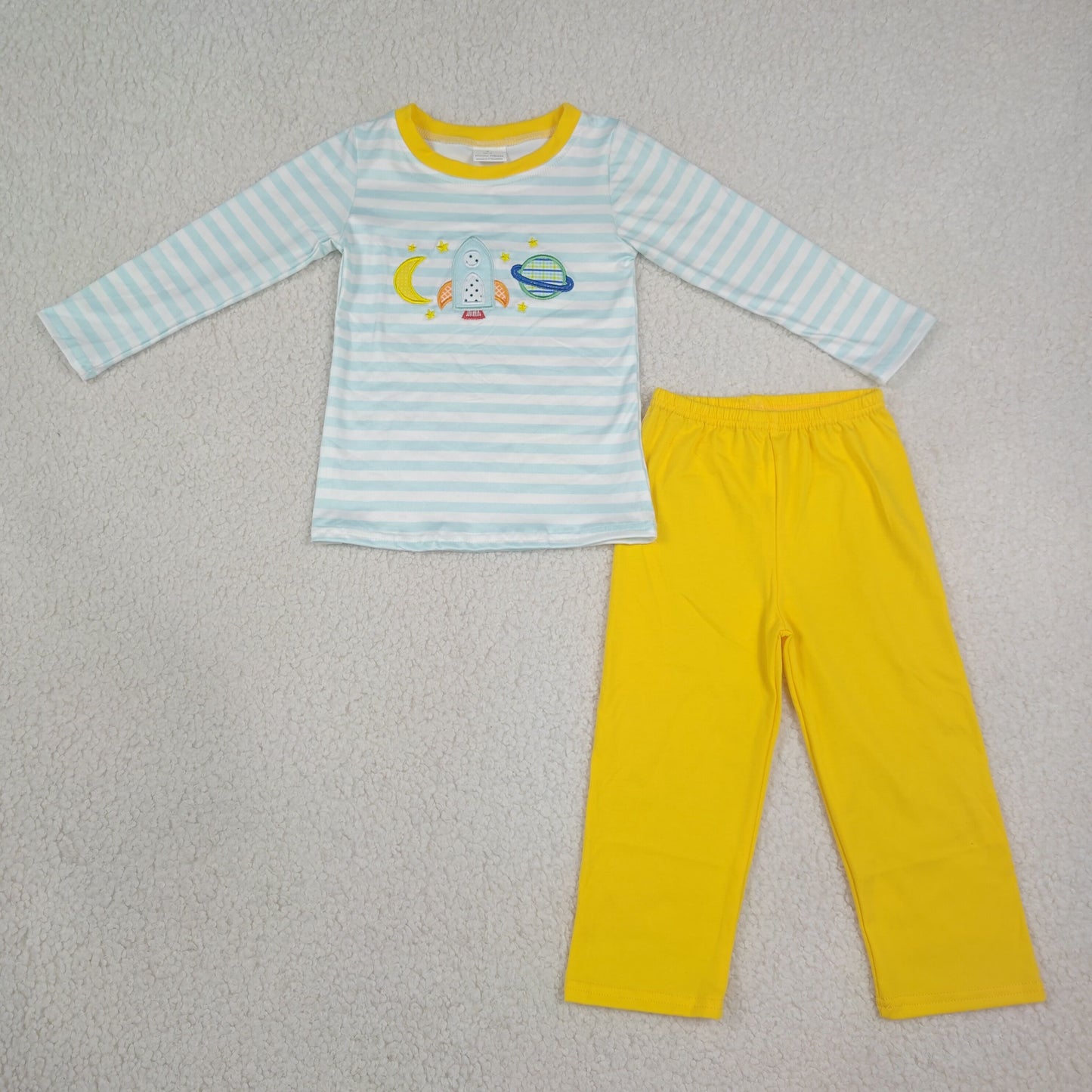 BLP1455  RTS NO MOQ （In stock）Embroidery Baby Boys Blue Stripe With Rocket Moon Embroidery Top Pant Sets