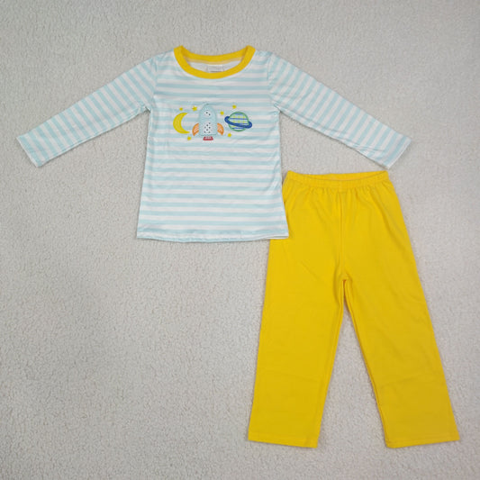 BLP1455  RTS NO MOQ （In stock）Embroidery Baby Boys Blue Stripe With Rocket Moon Embroidery Top Pant Sets