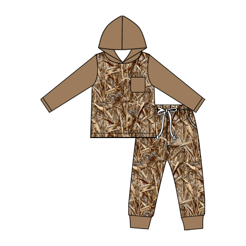 5.11 Pre order No Moq Baby Boys Southern Khaki Leaves Camo Hoodie Top Pocket Joggers Clothes Sets