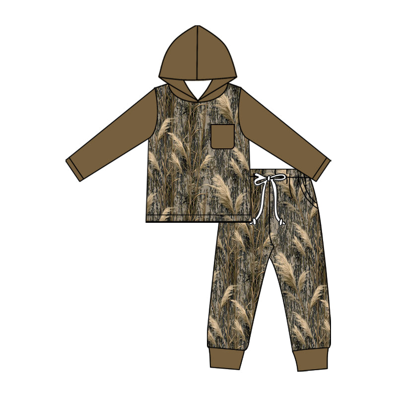 5.11 Pre order No Moq Baby Boys Southern Khaki Leaves Camo Hoodie Top Pocket Joggers Clothes Sets