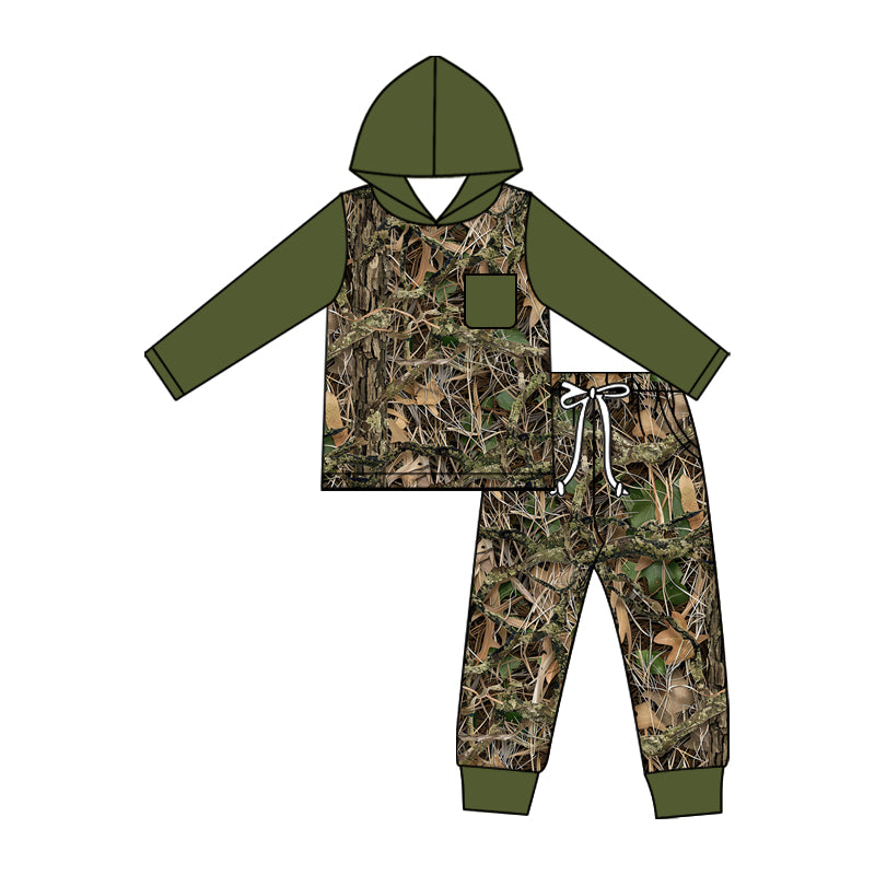 5.11 Pre order No Moq Baby Boys Southern Khaki Leaves Camo Hoodie Top Pocket Joggers Clothes Sets