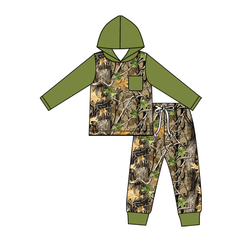 5.11 Pre order No Moq Baby Boys Southern Khaki Leaves Camo Hoodie Top Pocket Joggers Clothes Sets