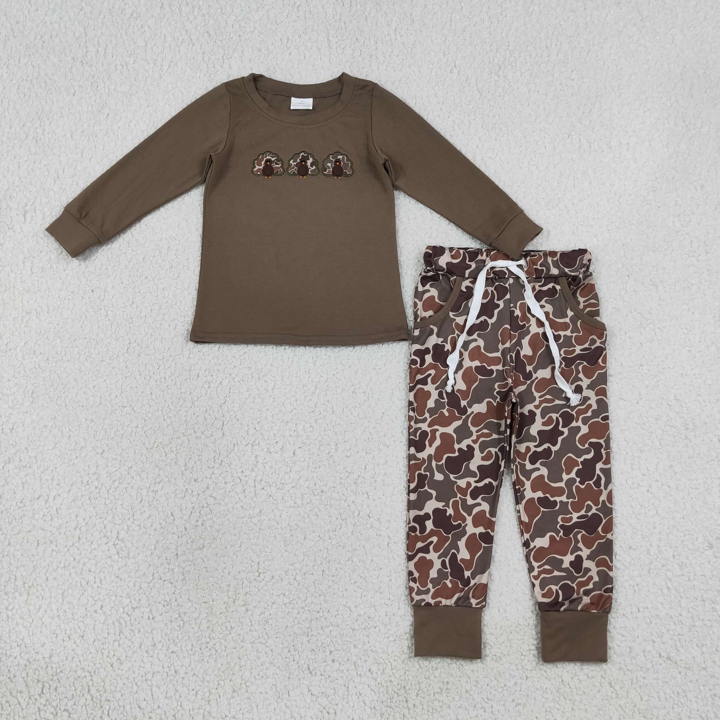 RTS NO MOQ （In stock）milk silk BLP1473 Embroidery Toddler Boys Camo Turkey Top Matching Pocket Jogger Pants Two Piece Thanksgiving Clothes Set