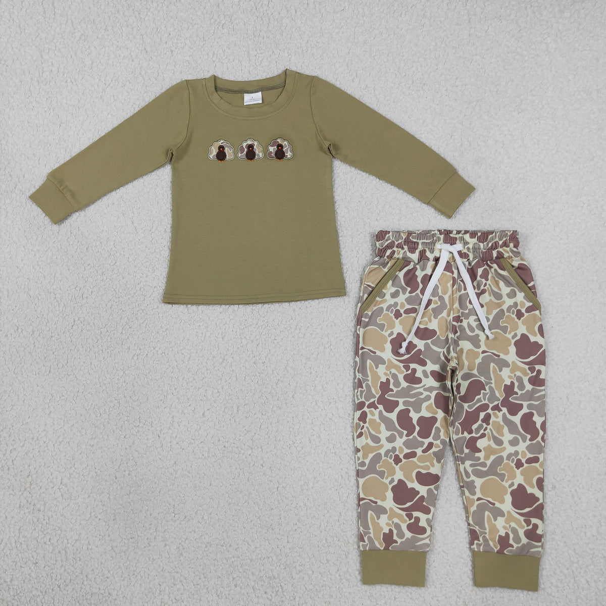RTS NO MOQ （In stock）BLP1474 milk silk BLP1474 Embroidery Camo Turkey Baby Boys Top Pockets Jogger Thanksgiving Clothes Sets