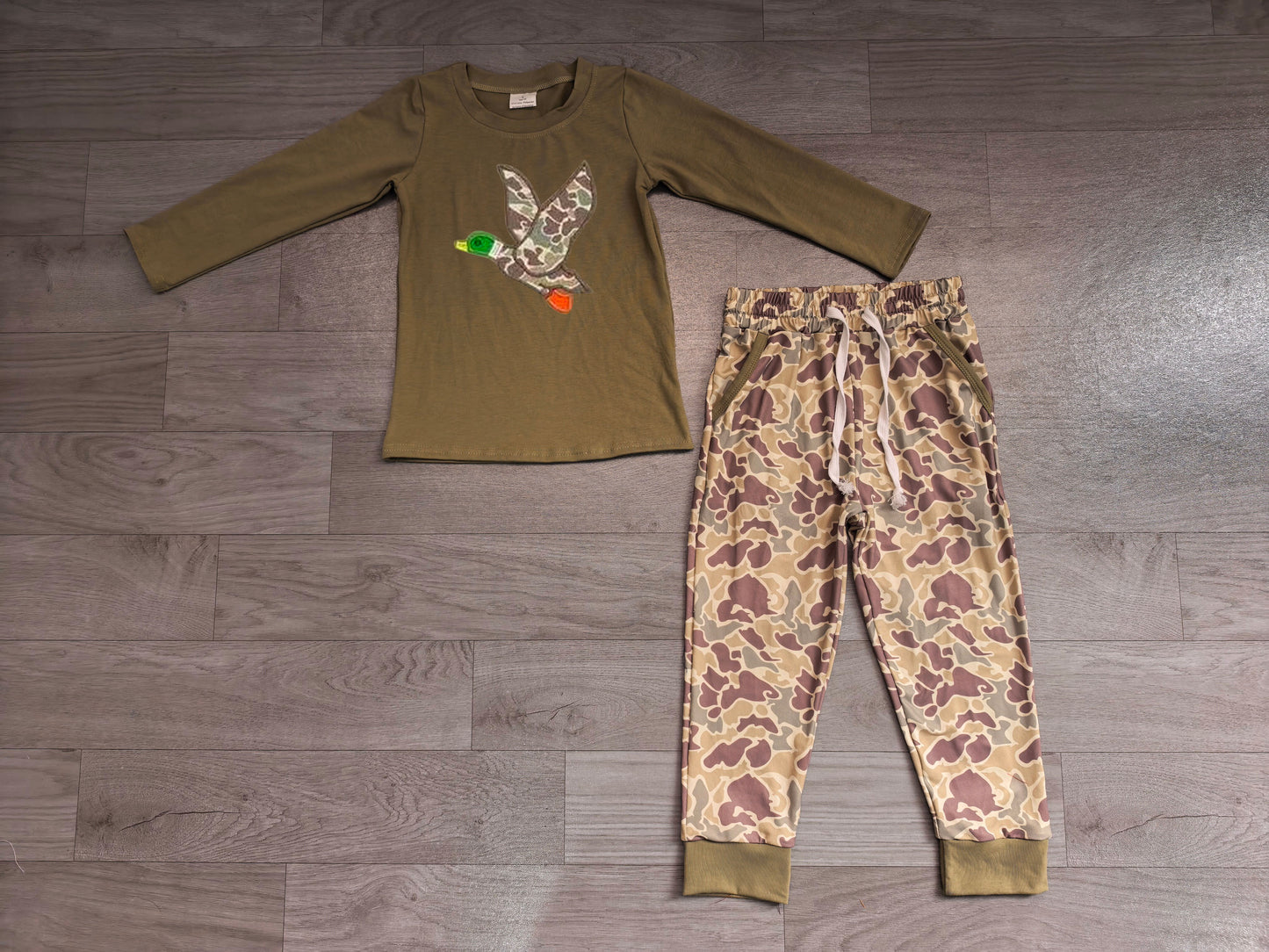 BLP1494 Sample No Moq milk silk Embroidery Camo Ducks Baby Boys Top Pockets Jogger Hunting Clothes Sets