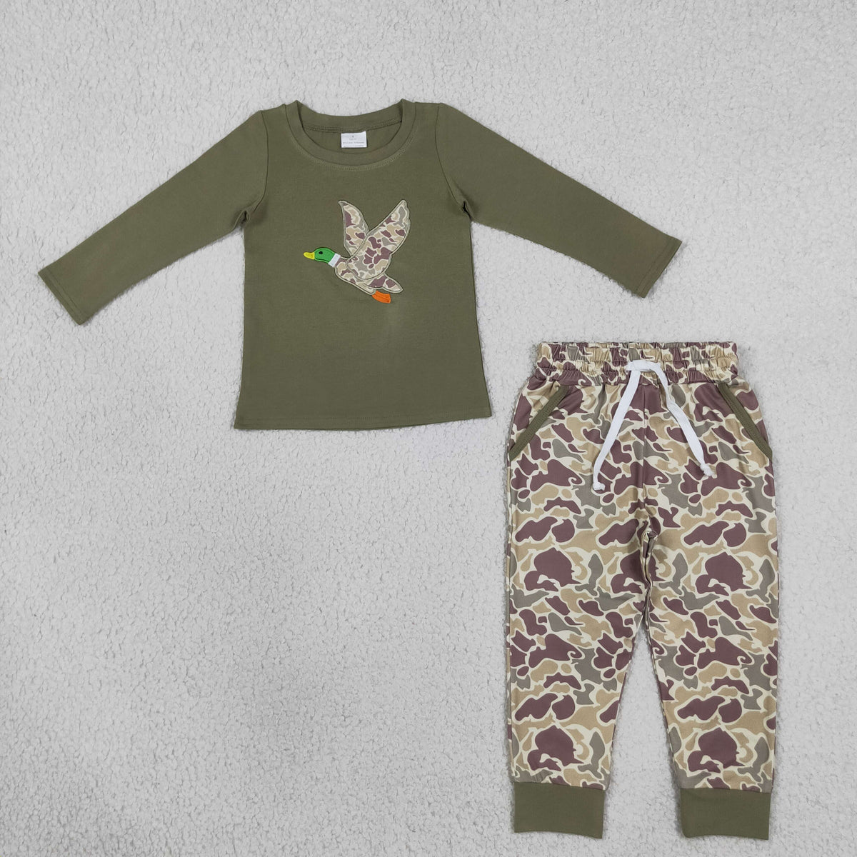 RTS NO MOQ （In stock）milk silk BLP1494 Embroidery Camo Ducks Baby Boys Top Pockets Jogger Hunting Clothes Sets