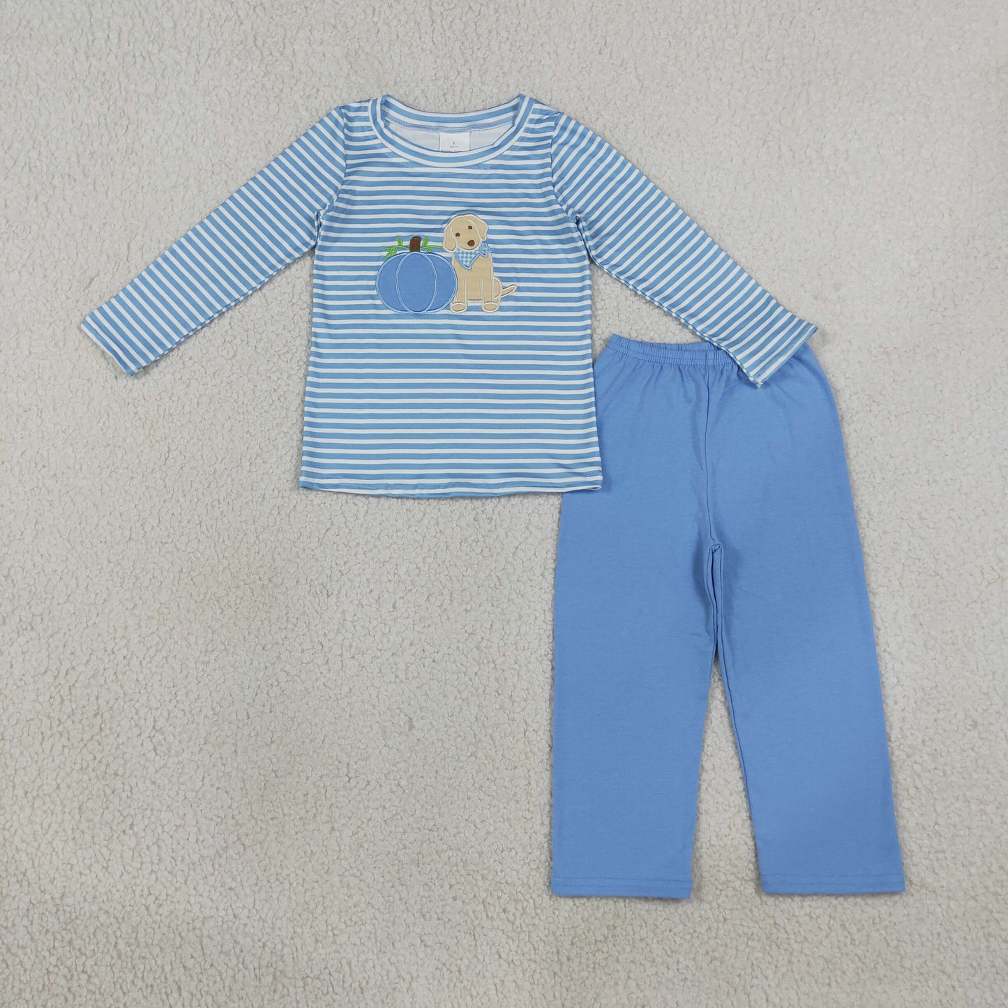 RTS NO MOQ （In stock）milk silk BLP1500 Embroidery Boys Blue Stripe Pumpkin Dog Print Long Sleeve Top Pant Two Piece Fall Set