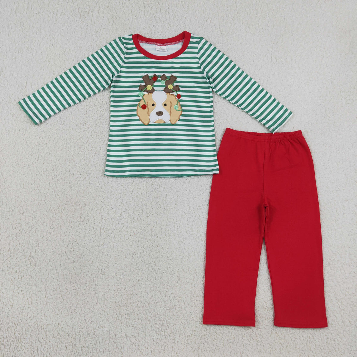 RTS NO MOQ （In stock）milk silk BLP1502 Embroidery Lights Dogs Baby Boys Green Stripe Top Pants Christmas Clothes Sets