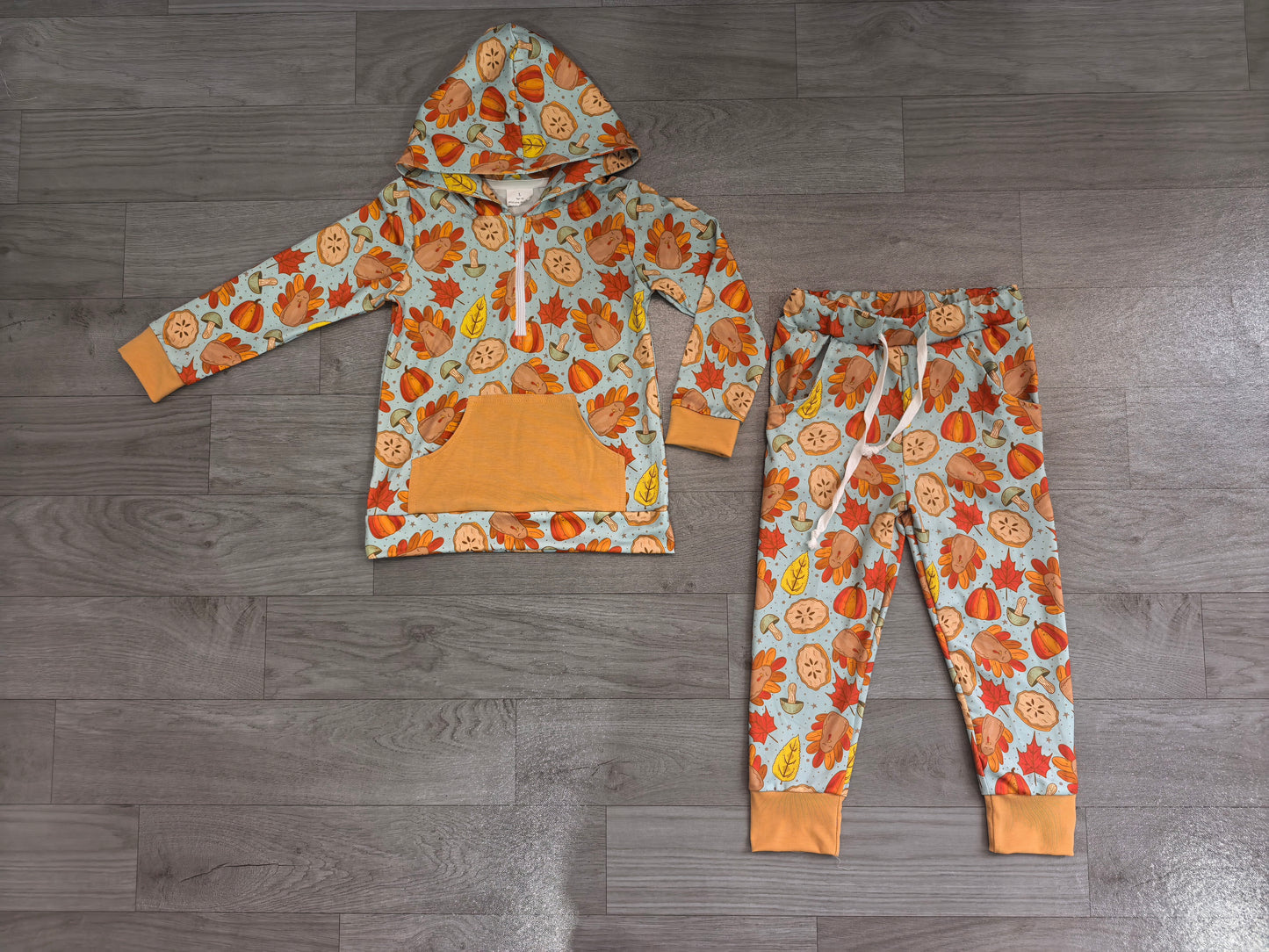 BLP1505 Sample No Moq Baby Boys Pumpkins Turkey Zip Pickets Hoodie Joggers Thanksgivings Clothes Set
