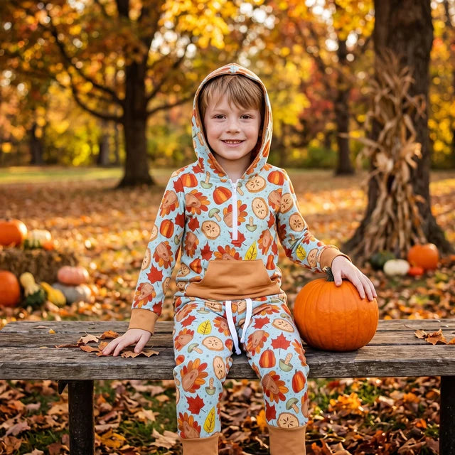 RTS NO MOQ （In stock）milk silk BLP1505 Baby Boys Pumpkins Turkey Zip Pockets Hoodie Joggers Thanksgivings Clothes Set