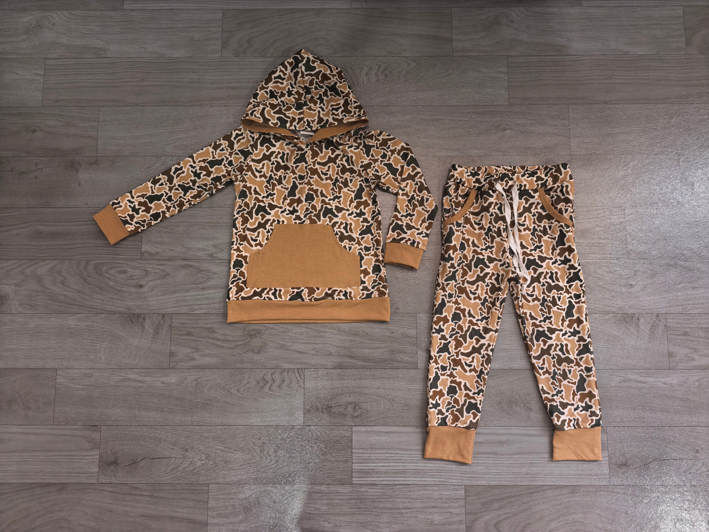 BLP1509 Sample No Moq Baby Boys Khaki Camo Pocket Hoodie Jogger Pants Hunting Clothes Set