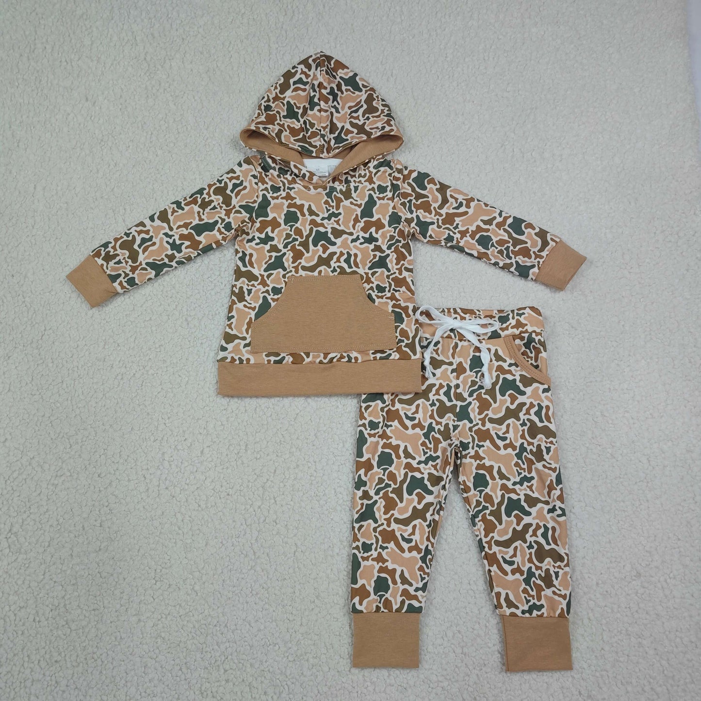 RTS NO MOQ （In stock） BLP1509 milk silk Baby Boys Khaki Camo Pocket Hoodie Jogger Pants Hunting Clothes Set