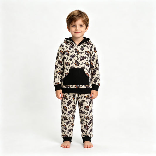 BLP1511 Sample No Moq milk silk Baby Boys Flags Motors Pocket Hoodie Jogger Pants Clothes Set