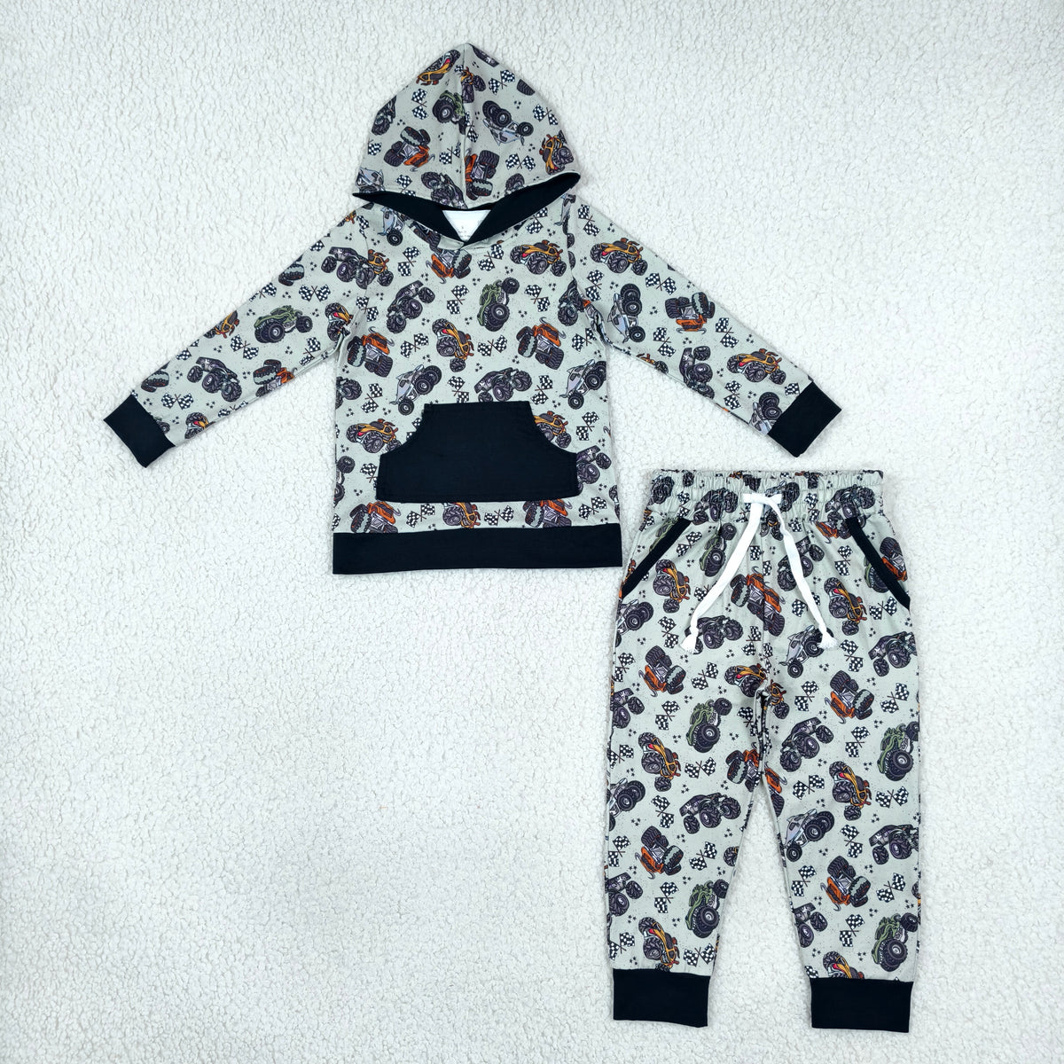 RTS NO MOQ （In stock）BLP1511 milk silk Baby Boys Flags Motors Pocket Hoodie Jogger Pants Clothes Set