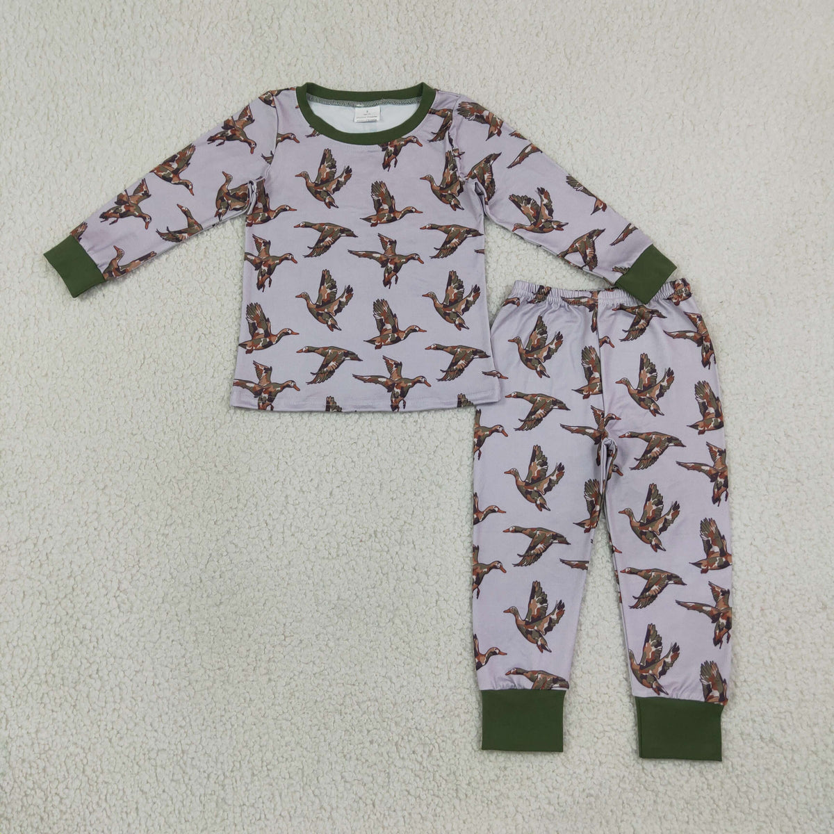 RTS NO MOQ Sibling milk silk Baby Boys Camo Mallard Duck Print Zipper Romper Kids Long Sleeve Pajama Set And Minky Blanket