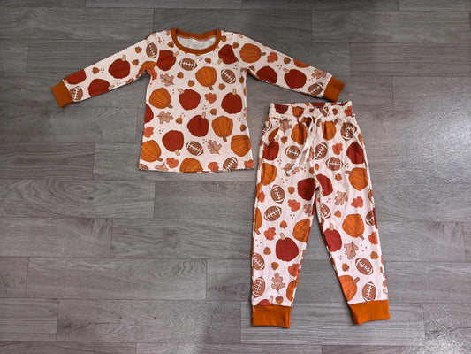 BLP1539（BT1928+P1197） Sample No Moq milk silk Baby Boys Football Pumpkins Top Pockets Pant Fall Clothes Set Autumn Casual Outfit