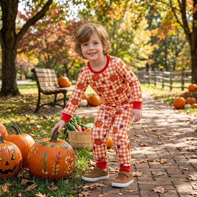 RTS NO MOQ （In stock）milk silk BLP1540（BT1929+P1198）Baby Boys Pumpkins Checked Print Top Pockets Pant Casual Set