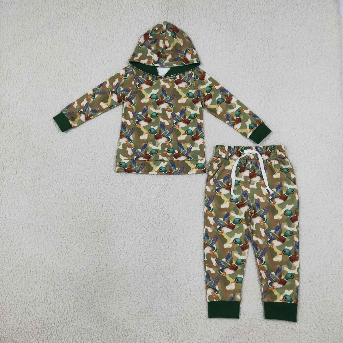RTS NO MOQ （In stock）milk silk BLP1543 Baby Boys Green Camo Ducks Hoodie Pockets Jogger Set Fall Casual Outfit