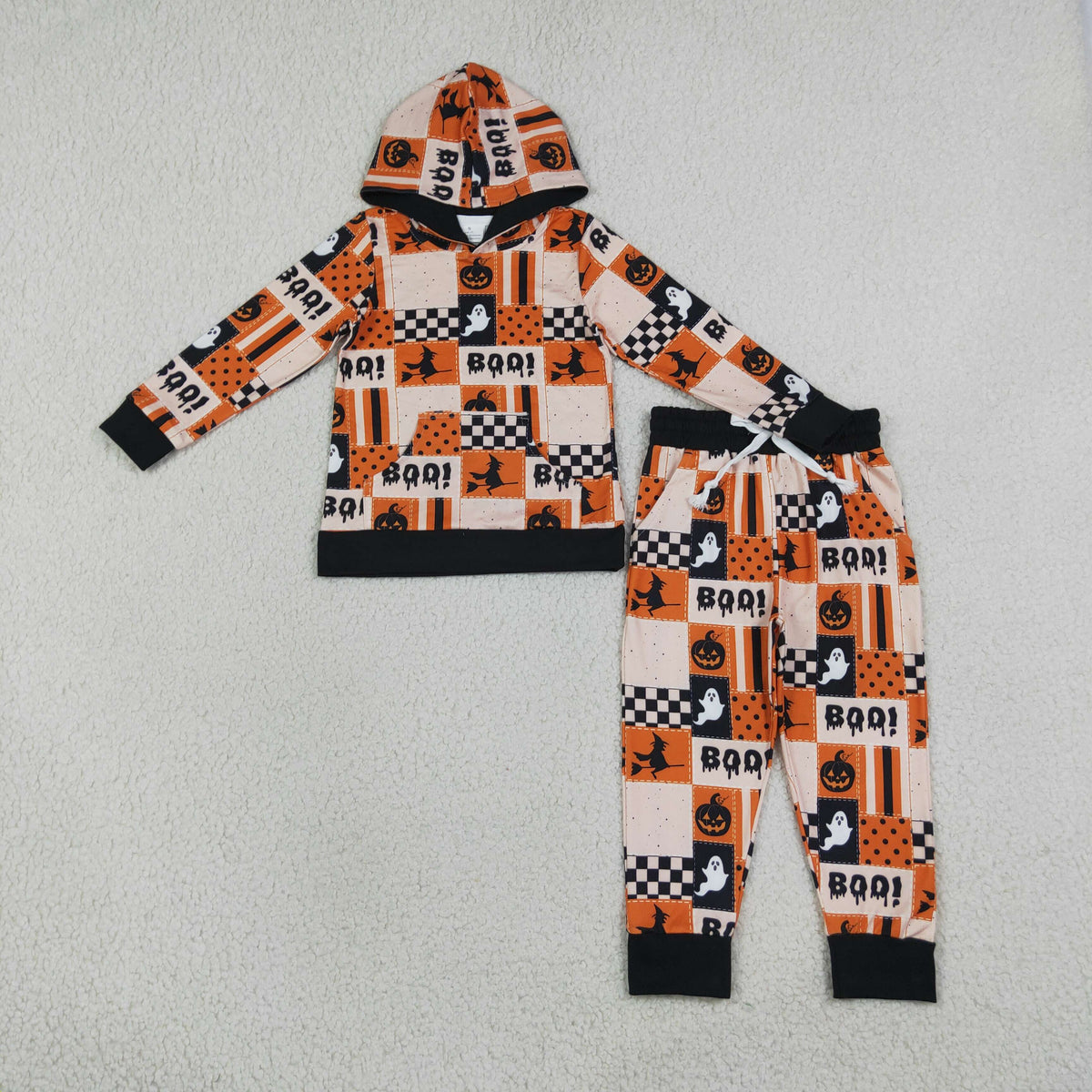RTS NO MOQ milk silk BLP1544 Baby Boys Ghost Pumpkins Hoodie Pockets Jogger Halloween Clothes Set