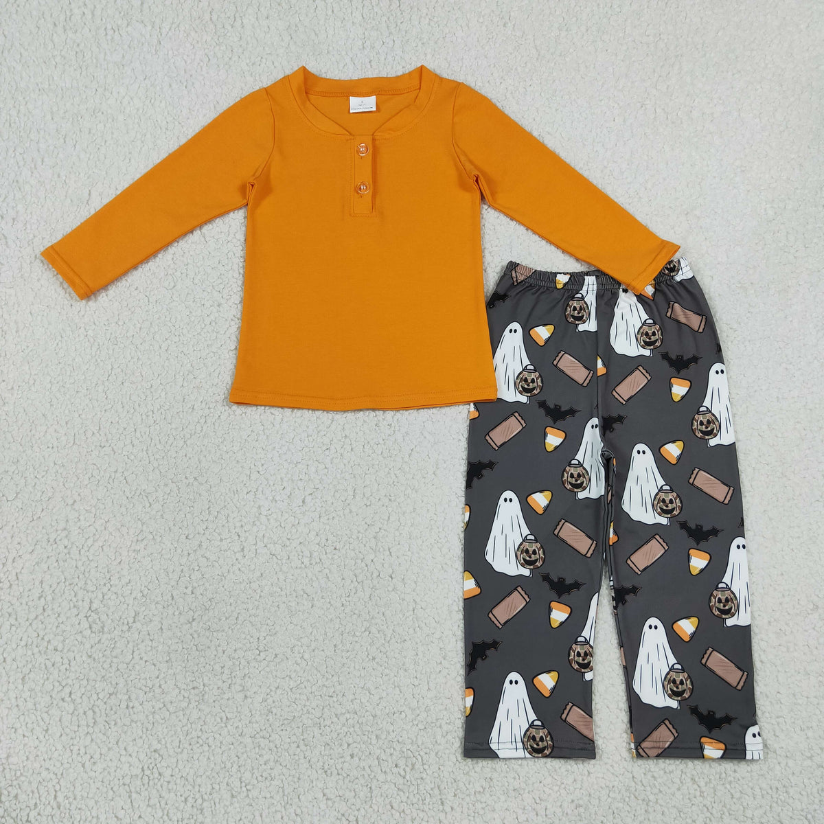RTS NO MOQ milk silk BLP1546 Baby Boys Orange Button Top Ghosts Pumpkins Pant Halloween Clothes Set