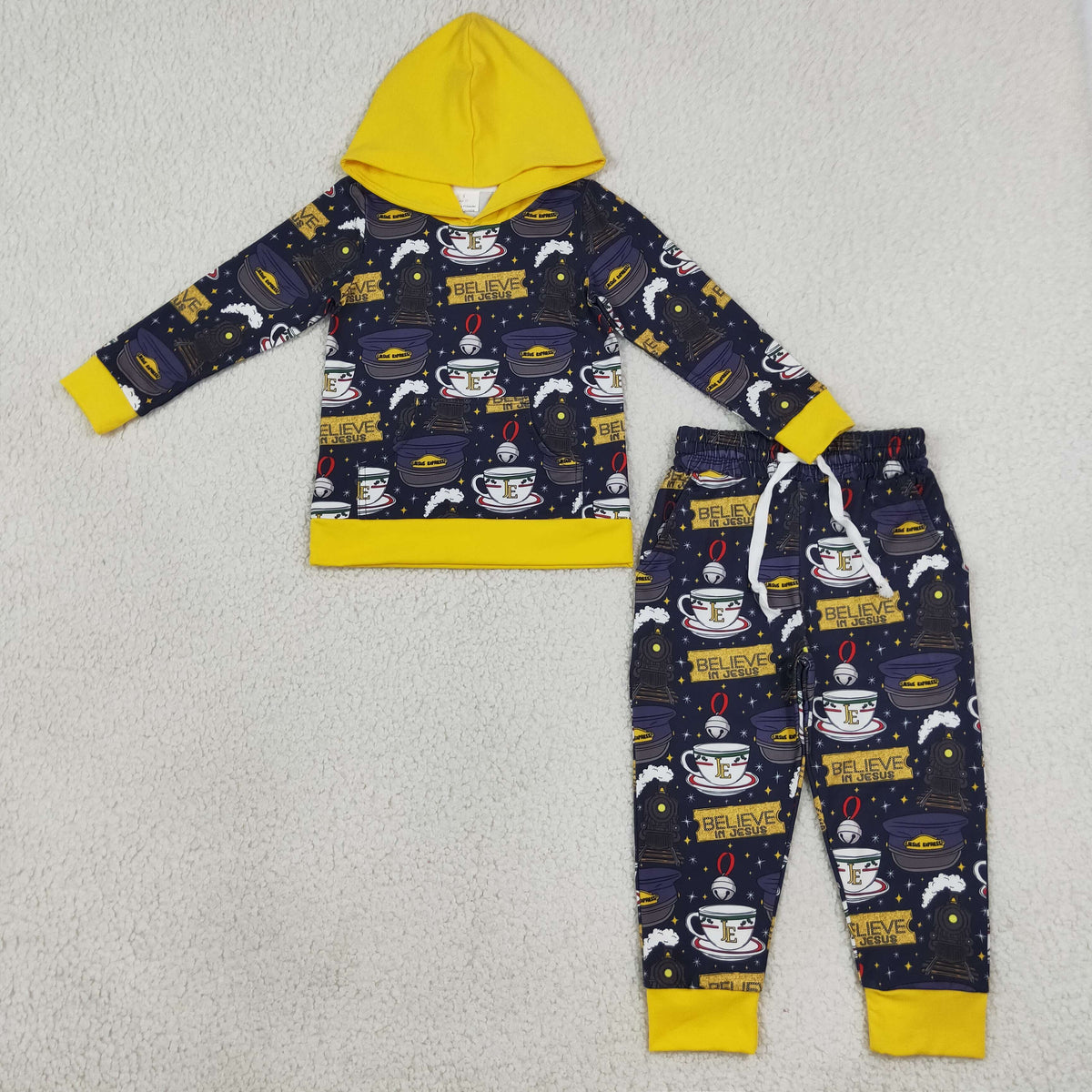 RTS NO MOQ milk silk BLP1552 Baby Boys Believe in Jesus Hoodie Pockets Jogger Clothes Set