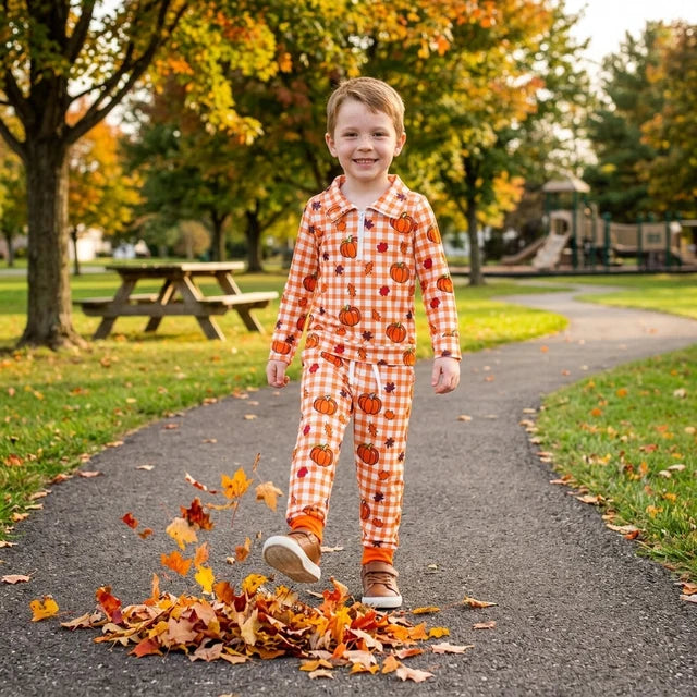 RTS NO MOQ （In stock）milk silk BLP1574（BT1895+P1198）Baby Boys Pumpkins Checked Print Half Zip Collar Long Sleeve Top Jogger Pant Set Casual Holiday Wear