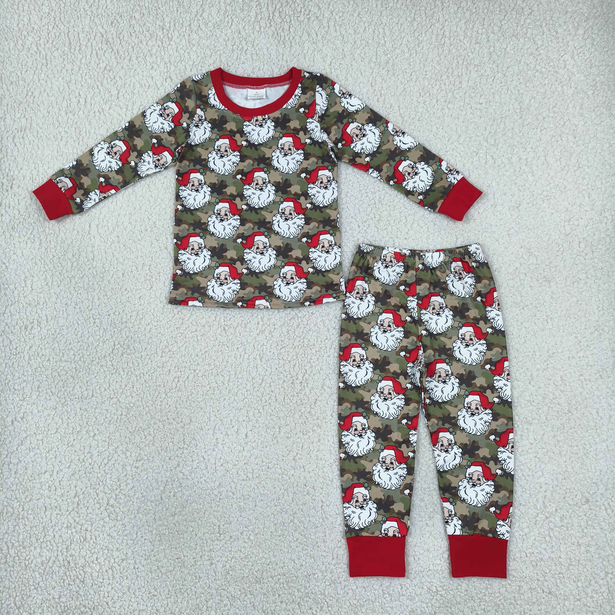 RTS NO MOQ （In stock）milk silk BLP1600 Baby Boys Green Camo Santa Print Long Sleeve Top Elastic Waist Pant Christmas Pajamas Sets