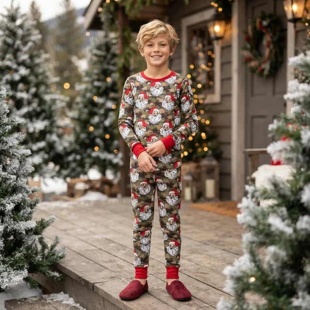 RTS NO MOQ （In stock）milk silk BLP1600 Baby Boys Green Camo Santa Print Long Sleeve Top Elastic Waist Pant Christmas Pajamas Sets