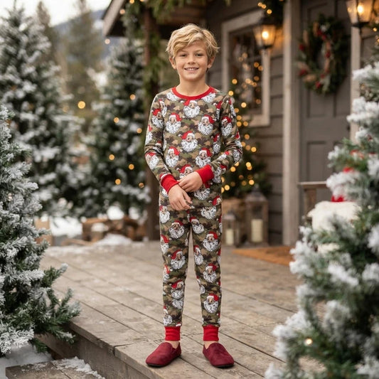 RTS NO MOQ （In stock）milk silk BLP1600 Baby Boys Green Camo Santa Print Long Sleeve Top Elastic Waist Pant Christmas Pajamas Sets