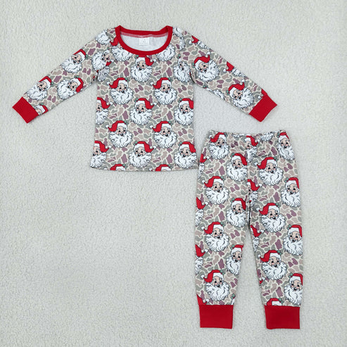 RTS NO MOQ Sibling milk silk Baby Girls And Boys Santa Camo Print Christmas Zipper Romper And Long Sleeve Ruffle Top Pants Pajamas Clothes Set