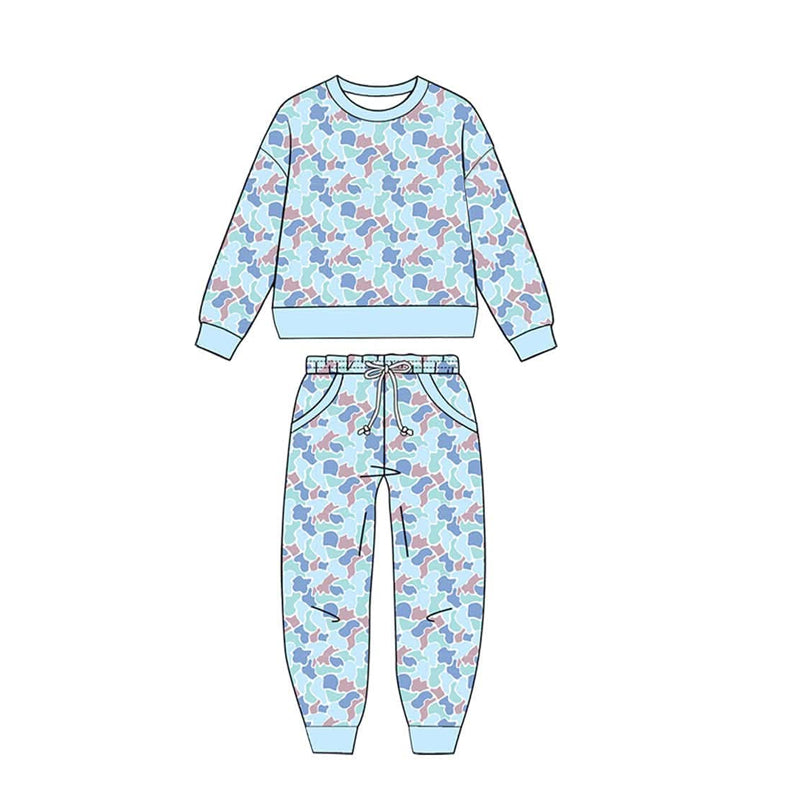 (Preorder new) No moq Toddler Kids Camo Print Crew Neck Sweatshirt Jogger Pants And Ruffle Hem Top Flare Pants Outfit
