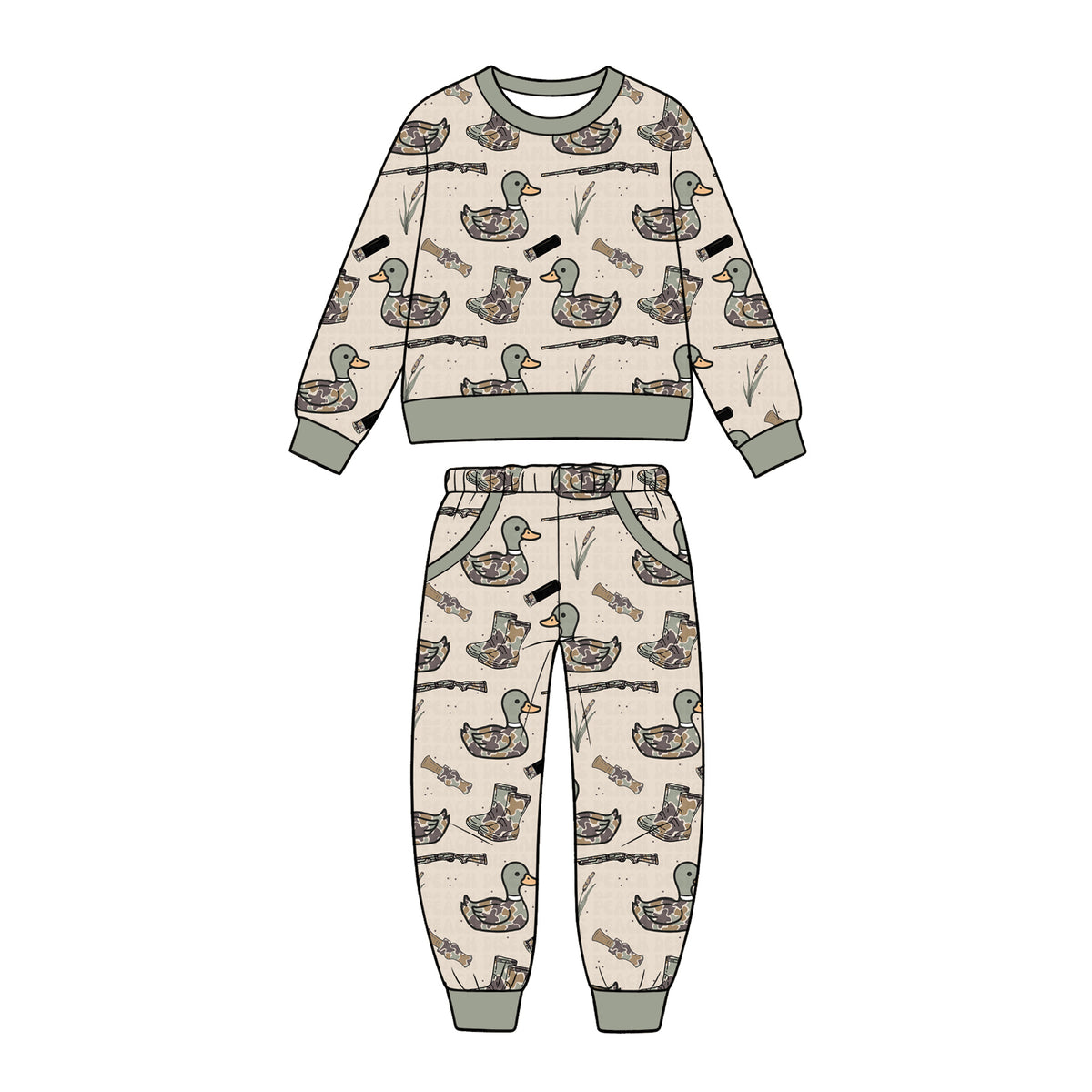 (Preorder new) No moq Baby Girls Duck Hunting Long Sleeve Top Jogger Pant Clothing Set