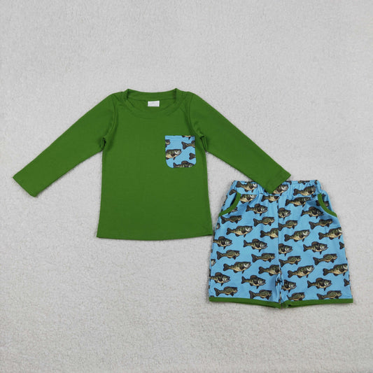 10.28 RTS NO MOQ （In stock）BLS0010 Baby Boys Green Long Sleeve Fishes Plaid Top Pockets Shorts Hunting Clothes Sets