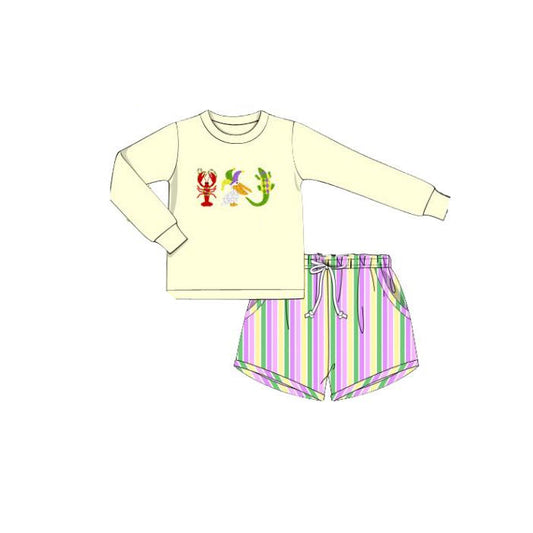 10.31 BLS0015 Pre order No Moq Boys Mardigras Crayfish Crocodiles Top Stripe Pockets Shorts Clothes Sets