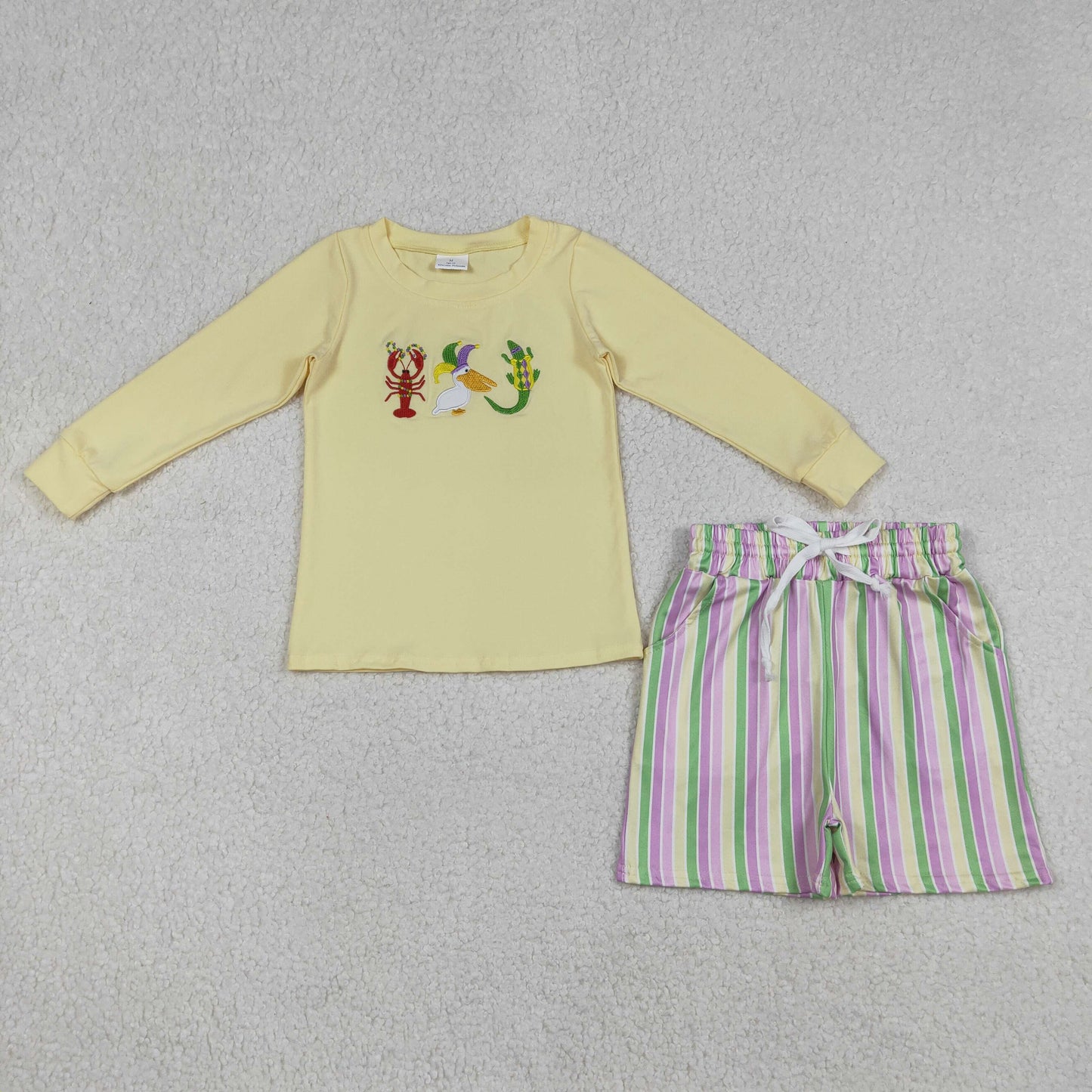 12.25 RTS NO MOQ （In stock）BLS0015 Embroidery Crayfishes Crocodile Baby Boys Mardigras Stripe Pockets Shorts Clothes Sets