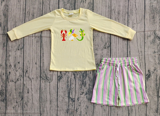 11.25 BLS0015 Smple No Moq Embroidery Crayfish Crocodiles Baby Boys Mardigras Stripe Pockets Shorts Clothes Sets
