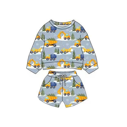 11.3 BLS0016 Pre order No Moq Baby Boys Excavators Trees Long Sleeve Top Pockets Shorts Clothes Sets