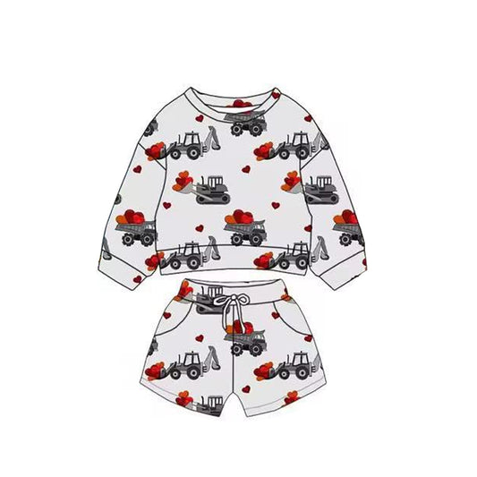 11.3 BLS0017 Pre order No Moq Baby Boys Tractors Hearts Long Sleeve Top Pockets Shorts Valentine Clothes Sets
