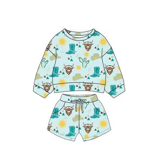 11.3 BLS0021 Pre order No Moq Baby Boys Cactus Cows Boots Long Sleeve Top Pockets Shorts Western Clothes Sets