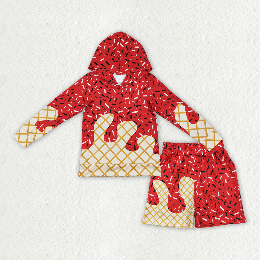 BLS0036 RTS NO MOQ （In stock ）Baby Boys Red Sprinkles Drip Hoodie Top Shorts Team Clothes）