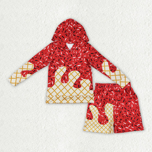 BLS0036 RTS NO MOQ （In stock ）Baby Boys Red Sprinkles Drip Hoodie Top Shorts Team Clothes）