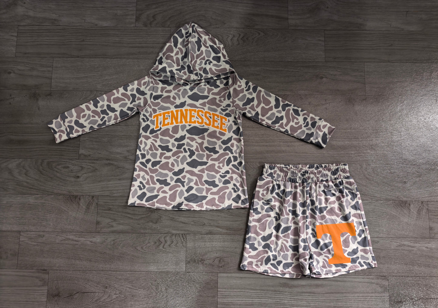 BLS0042 Sample No Moq milk silk Baby Boys Grey Camo Tennessee Long Sleeve Hoodie Short Team Clothes Set