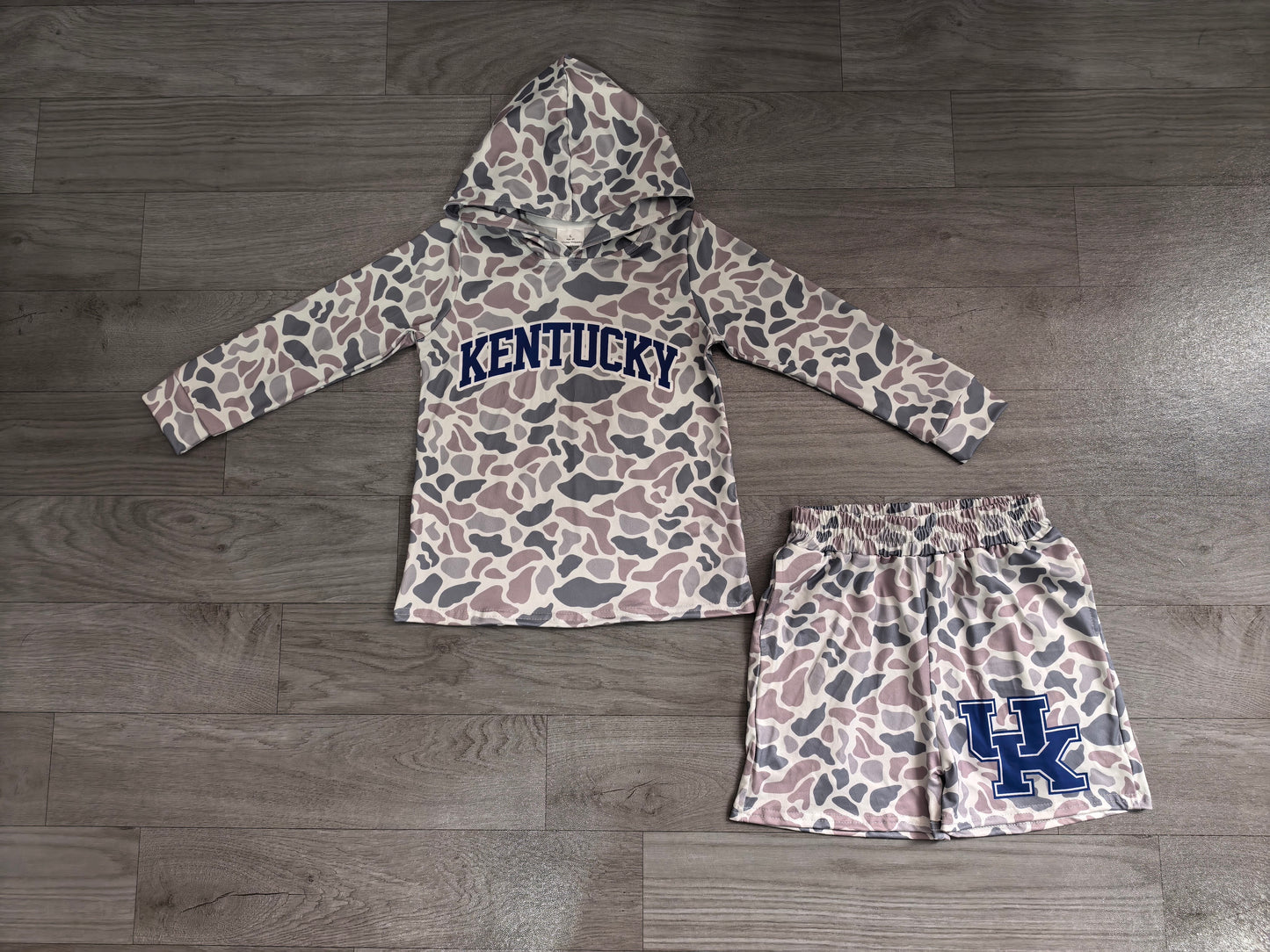 BLS0043 Sample No Moq milk silk Baby Boys Grey Camo Kentucky Long Sleeve Hoodie Short Team Clothes Set