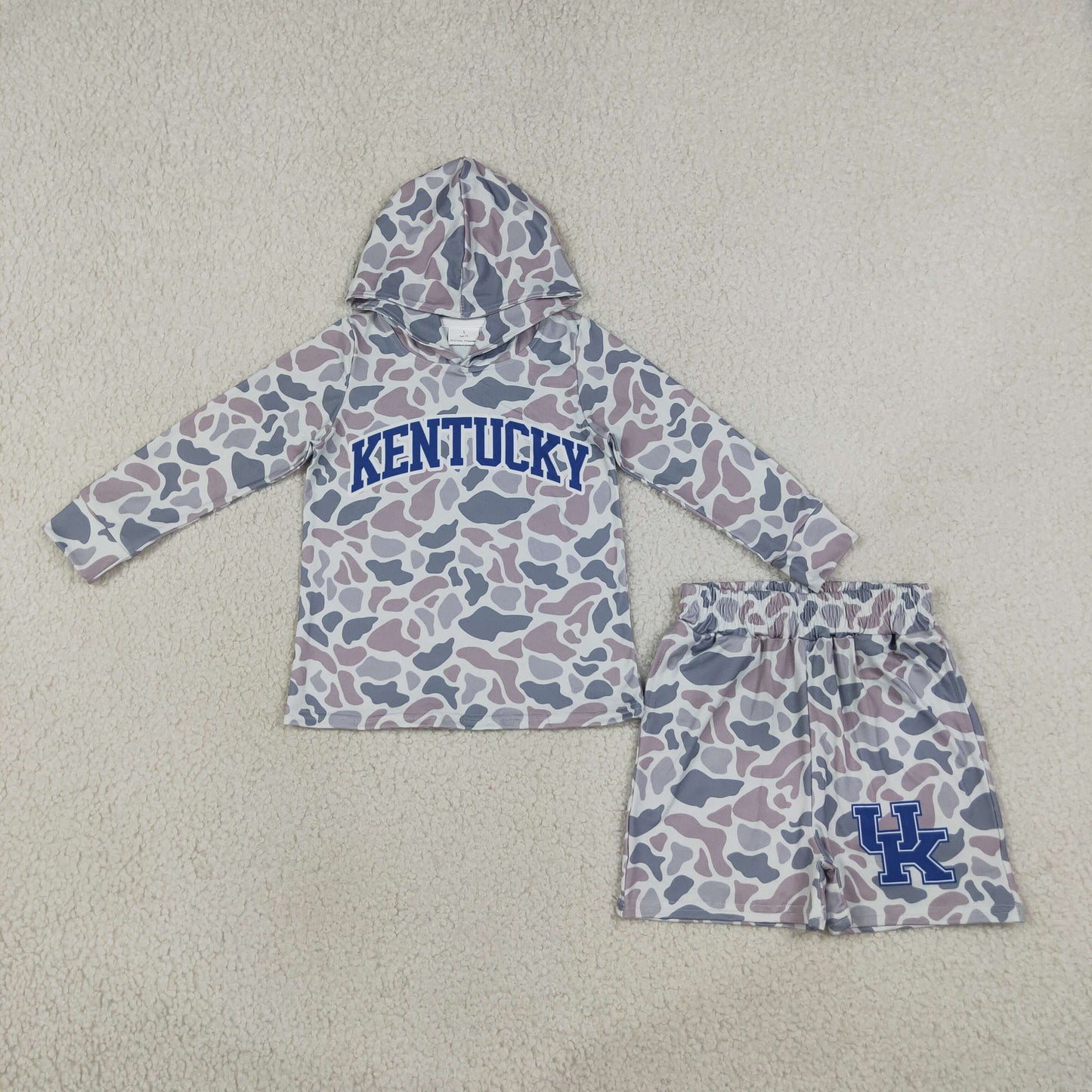 RTS NO MOQ （In stock）BLS0043  milk silk Baby Boys Grey Camo Kentucky Long Sleeve Hoodie Short Team Clothes Set