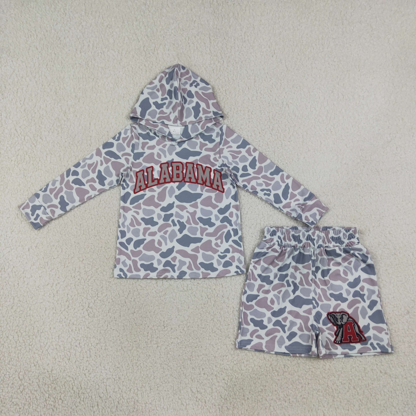 RTS NO MOQ milk silk BLS0044 Baby Boys Light Grey Camo Alabama Long Sleeve Hoodie Pockets Short Team Clothes Set