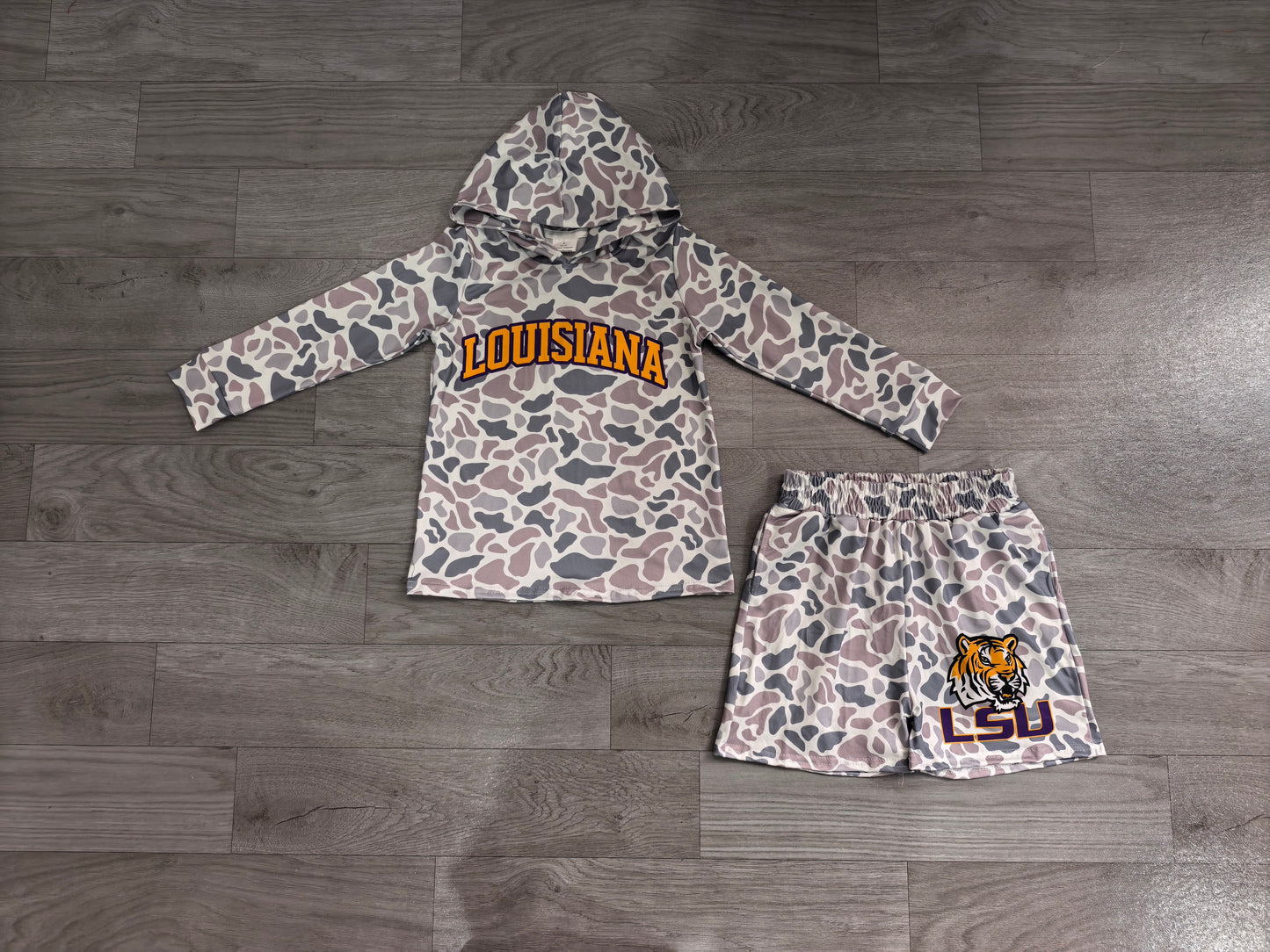 BLS0045 Sample No Moq milk silk Baby Boys Grey Camo  Long Sleeve Hoodie Short Team Clothes Set