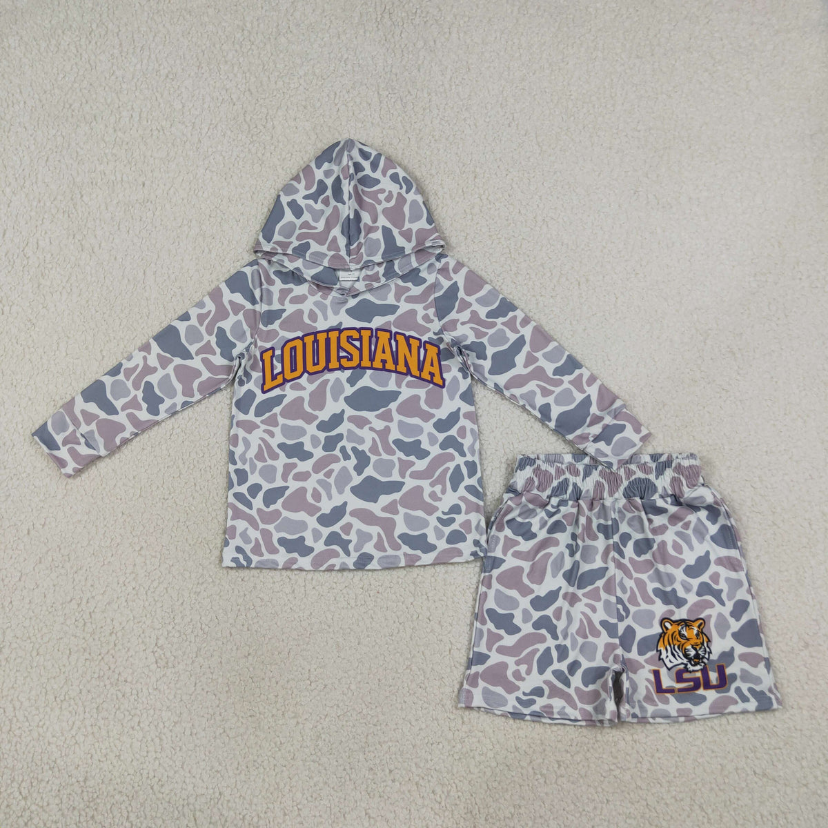 RTS NO MOQ milk silk BLS0045 milk silk Baby Boys Grey Camo  Long Sleeve Hoodie Short Team Clothes Set